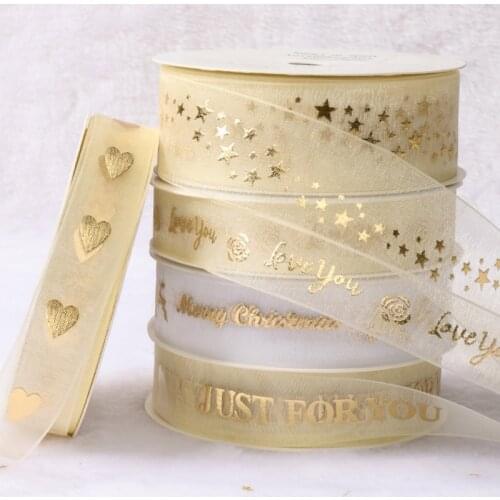 9 METER Christmas Heart Love You Stars Printed Organza Ribbon For Wedding Decoration Valentine Birthday Gift Packaging DIY Craft