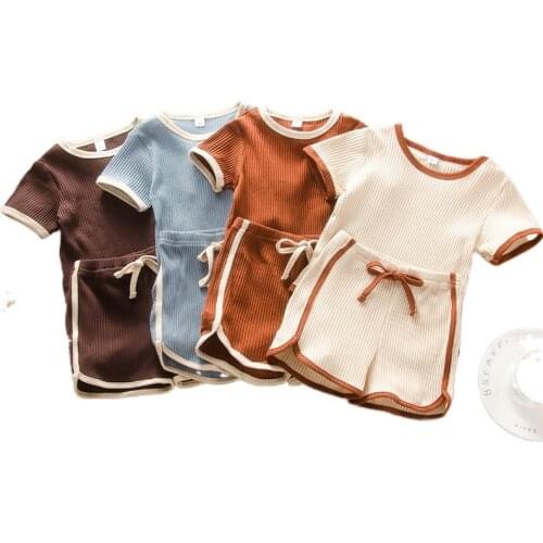 2021 Summer New Baby Girl 2 PCS Outfit Set Solid Color Ribbed Short Sleeve Romper Short Pants Sets toddler boy clothes