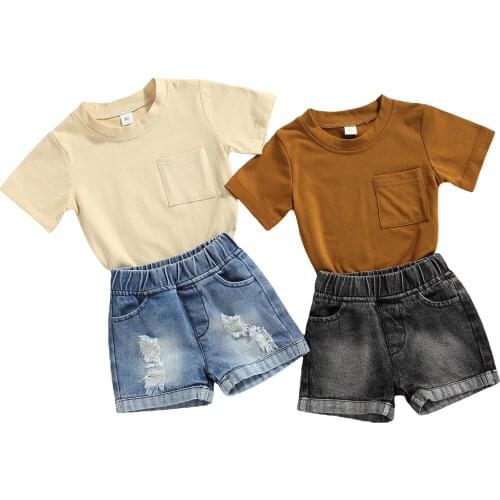 Citgeett Summer Kids Baby Boys Solid Color Clothes Set Short Sleeve T-shirt + Ripped Denim Short Jeans Clothes Set