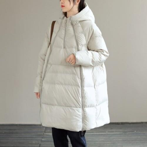202 Winter New Style Literary Loose Casual Solid Color Mid-length White Duck Down Down Jacket Hooded Plus Size Fashion