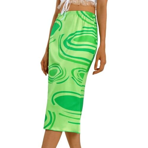 New Summe Women Casual Style High Waist Skirt Adult Water Ripple Print Bag Hip Mid-Length Skirt Green/Blue/Yellow S/M/L