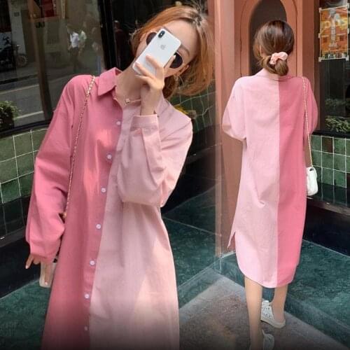 2021 Autumn Fashion Loose Long Sleeve Patchwork Robe Femme Dress Pink Blue Stripe Shirt Dresses Plus Size 4xl Clothes