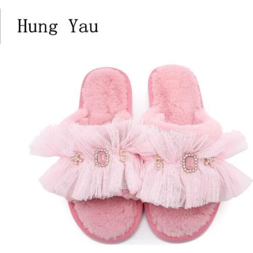 Women Slippers Flips Flops Winter Warm Shoes Woman Fashion Lace Crystal Solid Platform Female Slides Non-slip Flats Indoor