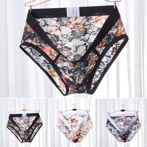 Men Briefs Sexy Low Rise Lace Briefs See Through Breathable Underpants Floral Pattern Male Underwear Intimates