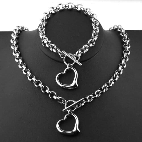 High Quality Jewelry Set for Women Silver Stainless Steel Round Rolo Chain Heart Necklace Bracelet 8mm