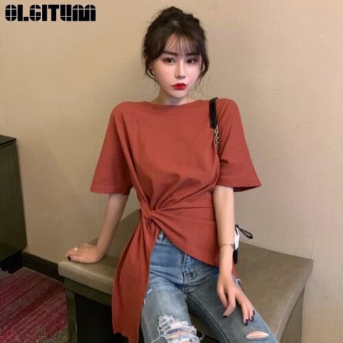 OLGITUM Women Summer 2020 New Solid Shirts O-Neck Short Sleeve Shirts Student Forest Korean Bowknot Ladies Tops BS393