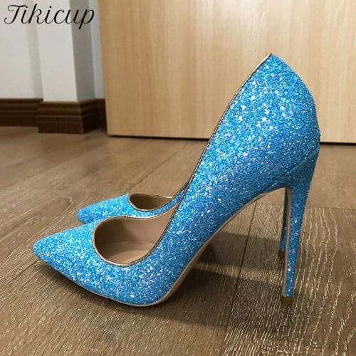 Tikicup Sky Blue Women Sparkly Sequins Pointed Toe Stiletto Pumps Sexy Ladies Extremely High Heels Wedding Bridals Shoes