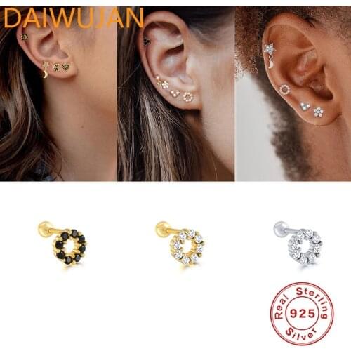 1PC 925 Sterling Silver Ear Studs Cartilage Earring for Women Black Zircon Small Round Stud Earrings Ear Piercing Jewelry Gifts
