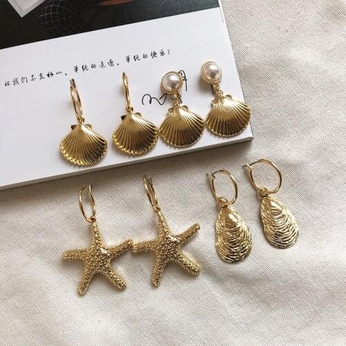 Fashion Women Bohemian Style Gold Starfish Conch Cowary Shell Big Circle Drop Earrings High Quality Shell Dangle Earrings