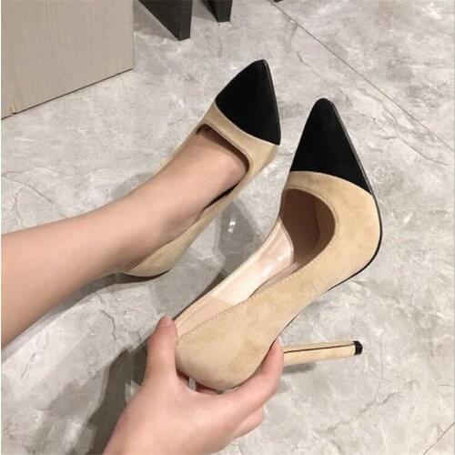 Hot sale Color matching Woman High Heels Pumps Tacones Pointed Toe Stilettos Talon Femme Sexy Ladies Wedding Shoes apricot Heels