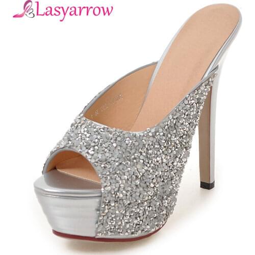 Lasyarrow Fashion Platform Shoes Women High Stiletto Heels Shoes Peep Toe Thin Heels Glitters Slip On Party Wedding Shoes RM345
