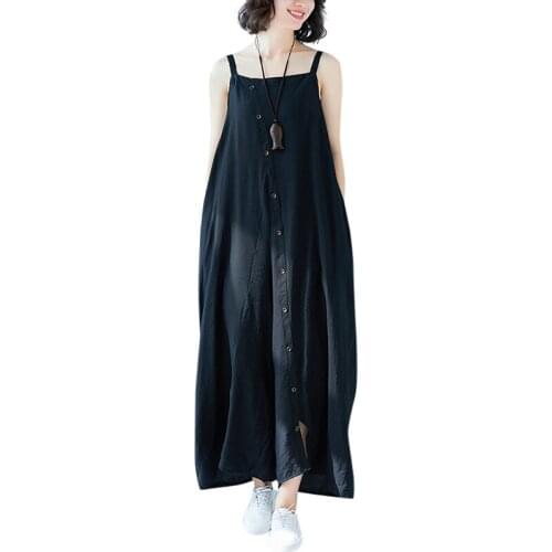 Sling Jumpsuit Womens Summer 2020 Literary Single Breasted Loose Cotton Linen Nine Point Wide Leg Pants Large Size Pants E549
