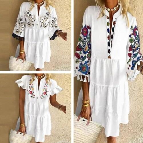Women Flower Print Dress Elegant Lady V-Neck Half Sleeve Dress Autumn Summer Bohemian Loose Tassel Dress Vestidos