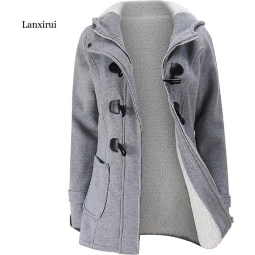 New Autumn Winter Womens Horn Button Coat Slim Warm Woolen Jackets Female Outwear Plus size Hooded Coats for Women 5XL 6XL