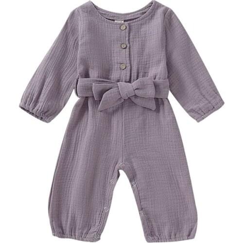 2019 Newborn Baby Girls Long Sleeve Romper Infant Kids Cotton Linen Jumpsuit Toddler Girls Autumn Solid Clothes Outfit 0-24M