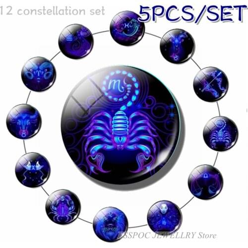 5PCS/SET 12 Constellation 25 MM Glass Cabochon Zodiac Scorpio Leo Cancer Pisces Sign Jewelry Fashion Accessories Birthday Gifts