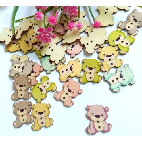50pcs/lot Cartoon bear Buttons Sewing Scrapbooking Accessories 2 Holes Mixed Decorative Buttons 28x24mm Printing Buttons Wood