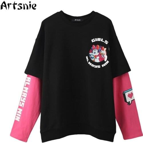 Artsnie Spring 2021 Disney Mickey Mouse Sweatshirt Women O Neck Long Sleeve Oversized Hoodies Streetwear Casual Black Sweatshirt