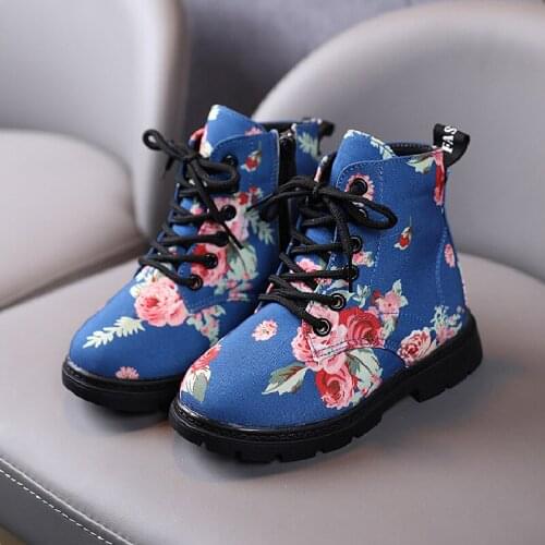 Zip Kids Leather Boots For Girls Flower Print Ankle Martin Boots Spring Autumn Fashion Boys Non-Slip Low Boots Baby Toddler Shoe