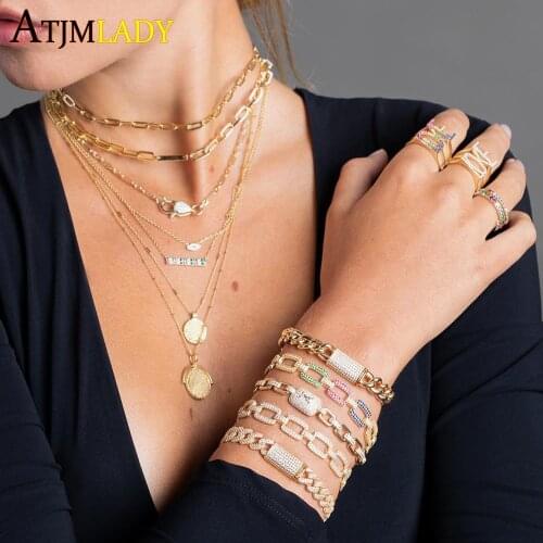 High Quality Gold Color 45cm Square Link Chain Iced Out Bling Micro Pave Clear CZ Women Modern Cable Chain Choker Necklace