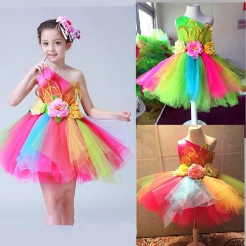Colorful Flowers Modern Dance Dress For Girls Sequins Salsa Waltz Ballet Tutu Child Kids Chorus Performance Costume Balett Dress