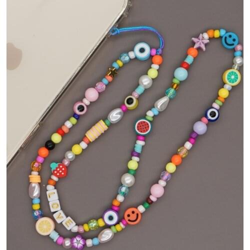 Long Womens LOVE Letter Acrylic Mobile Phone Chain Jewelry String Wristband Smiley Fruit Stars Beaded Anti-lost Strap Lanyard