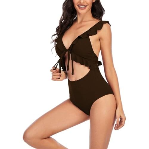 Women Solid Color One-piece Swimsuit Ruffled Lace-up Deep V-neck Hollowed High Waist Swimwear Ladies Swimsuit Backless Beachwear