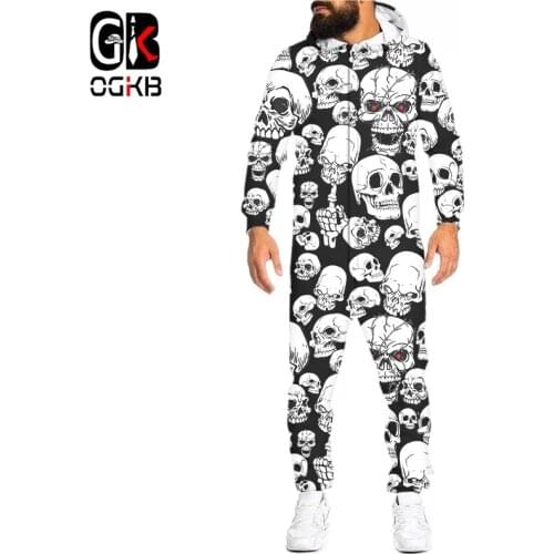 OGKB 3D White Skull Print Loungewear Pajamas Unisex Loose Casual Hooded Zip Open Sleepwear Onesies For Adult Jumpsuits Wholesale