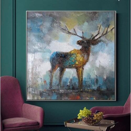 Handmade wall oil painting of lovely deer peacock cute deer animal oil paintings for living room decoration