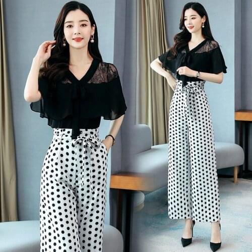 Fashion Suit Womens Summer Clothing 2021 New French Lace Chiffon Top Temperament Two Piece Polka Dot Wide Leg Pants Set zh1282