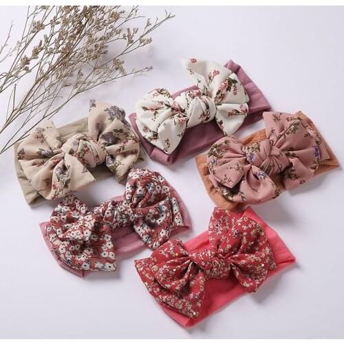 Sweet Floral Double Bowknot Baby Headband Cow Print Chiffon Newborn Girl Hair Band Soft Nylon Elastic Infant Toddler Headwear