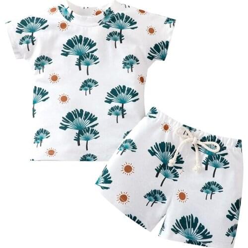 Fashion Kids Baby Summer Casual Clothes Short Sleeve Sun Leaf Print Pullover T-Shirt Shorts Set 0-24Months Baby Boy Clothing