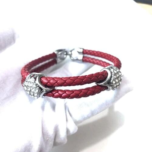 Fashion High Polished Stainless Steel Bracelet with White CZ Two Layer Cow 5mm Leather Bangle