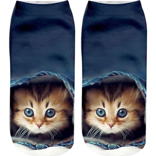 Wholesales Cute 3D Cat12 Animal Print Women Breathable Polyester Elastic Low Cut Ankle Socks
