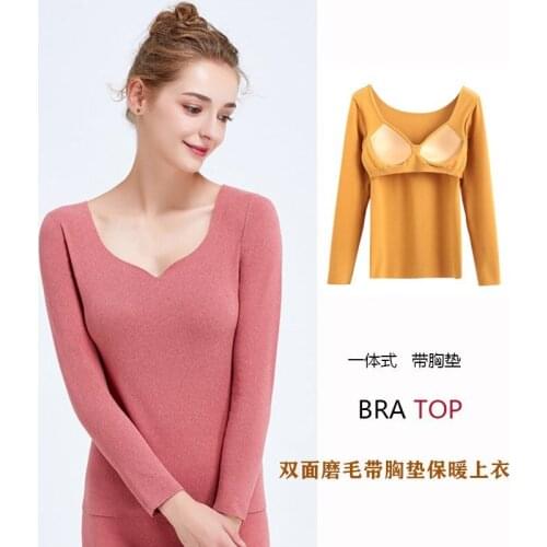 Autumn and winter with chest pad to keep warm, sanding, bottoming, slimming and velvet cup, one-piece low-neck underwear, long s