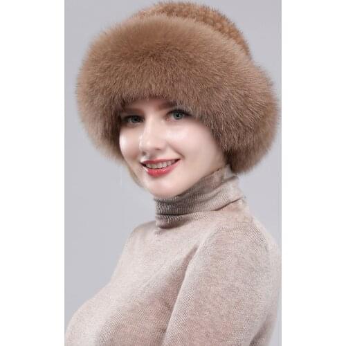 Women Real mink Fur Bomber Hats winter Genuine Fox fur Cap Luxurious Quality Winter hat Elastic Warm Soft Fluffy natural fur hat