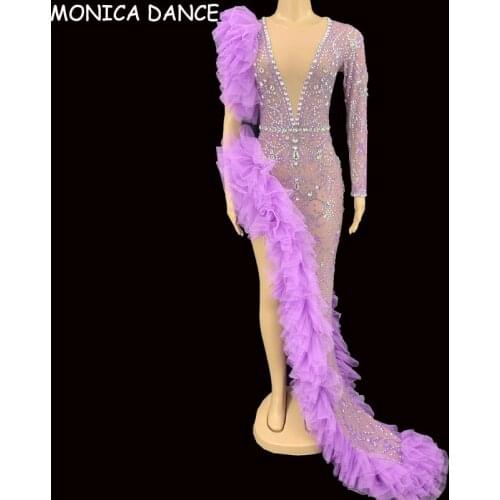 Sexy Stage Silver Rhinestone Purple Mesh Transparent Long Dress Birthday Celebrate One Sleeve Outfit Evening Women Dancer Dress