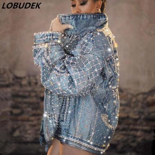 Women Man Pearl Rhinestones Blue Imitation Denim Jacket Fashion Tide Hip Hop Rock Rap Singer Loose Coat Dancer Costume