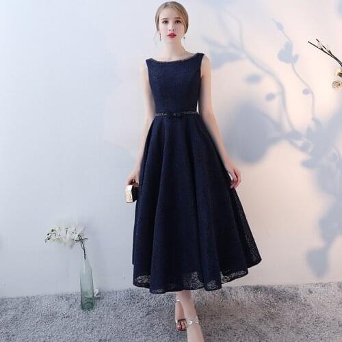 Simple Navy Blue Beading Lace Up Vestidos De Festa Backless Tea Length A-line Formal Evening Dresses Lace Wedding Party Gowns