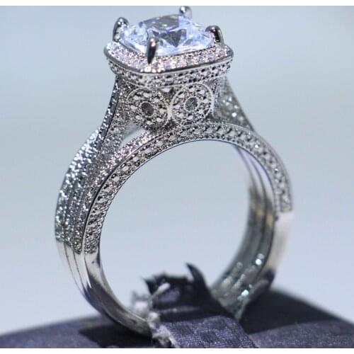 Vintage Fashion Jewelry 925 Sterling Silver Fill Cushion Shape AAA Cubic Zirconia Eiffel Tower Women Wedding Band Pave Ring Gift