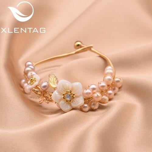 XlentAg Natural Fresh Water Baroque Pearl Bangle For Women Shell Flower Bracelets & Bangle Fine Jewelry Bracciali GB0051