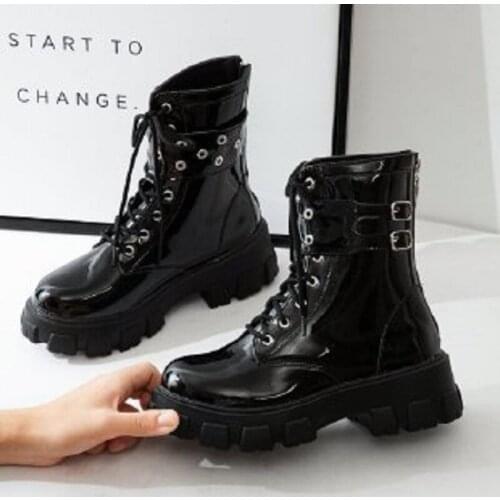Platform Patent Leather Boots Rivet Women Autumn Punk Motorcycle Boots Block Gothic Thick Sole Shoes Women Mid-Calf Boots2021