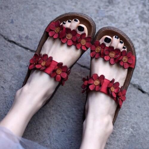 Artmu Original Flat Sole Women Sandals Outdoor Flowers Comfortable Genuine Leather Ladies Slippers Handmade Retro Sweet Shoes
