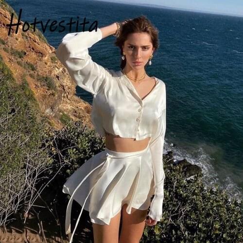 Hotvestita 2021 Sexy Solid Satin Two Piece Set Women Elegant Button Up Long Flare Sleeve Crop Top A-line Skirts Casual Outfits