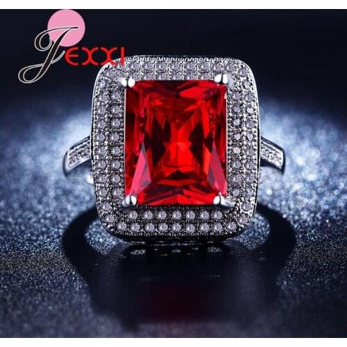 Luxury Design 925 Sterling Silver Circle Rings Red African AAA Square CZ Crystal Ring for Women Wedding Engagement Ring