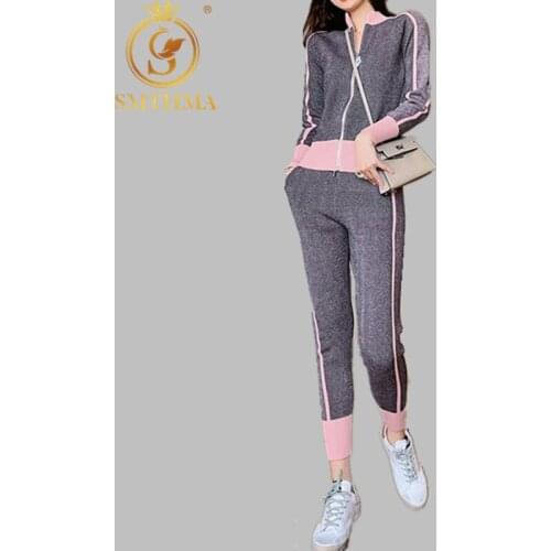 SMTHMA High Quality New Winter Woman Tracksuit Geometric stripeTurtleneck Zipper Knitted Cardigans+Women Two piece Pants Sets