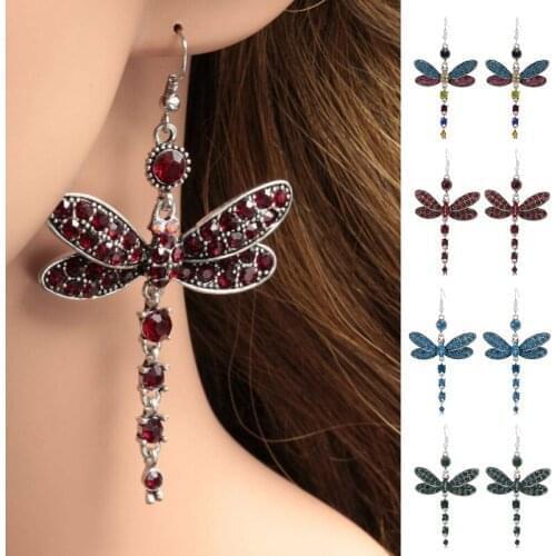 1PC Dangle Earrings Tassel Dragonfly Shaped Rhinestone Inlaid Retro Alloy Hook Earrings Jewelry