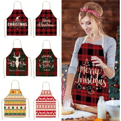 1Pc Linen Christmas Apron Santa Deer Snowflake Printed Aprons Pinafores Christmas Decorations New Year Gifts Home Kitchen Tools