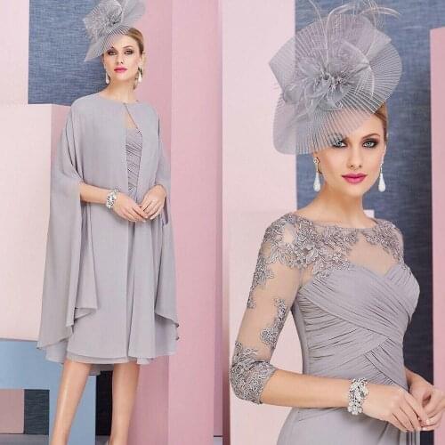 Gray Lace Mother of the Bride Dresses Elegant Chiffon Appliqued 3/4 Sleeves A Line Groom Dresses With Jacket 2 Pieces Plus Size