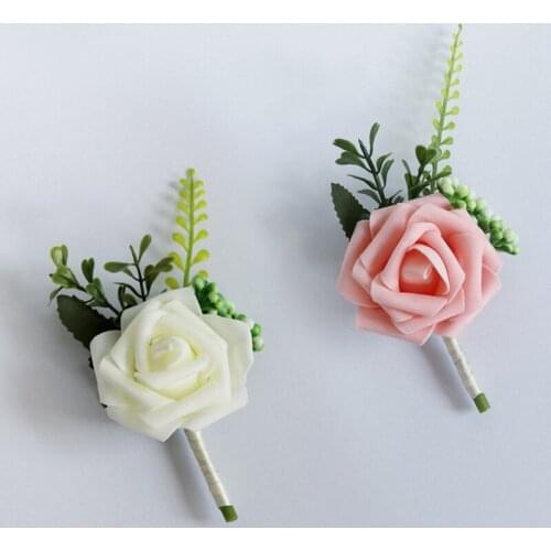 5Pcs/Set Handmade Groom Boutonniere Groomsman Corsage Artificial Simulation PE Rose Flower Wedding Party Prom Man Suit Brooch